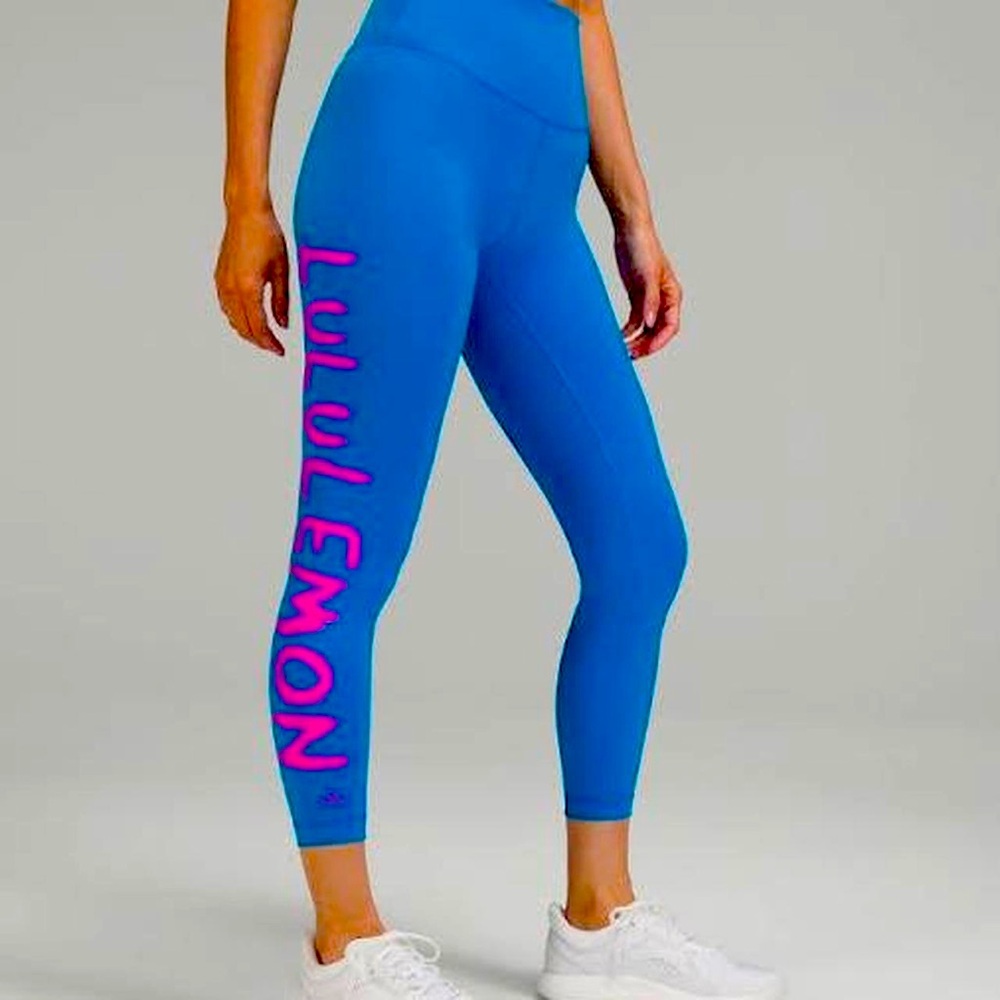 Lululemon Blue with Pink Graphic Legging Wunder Train